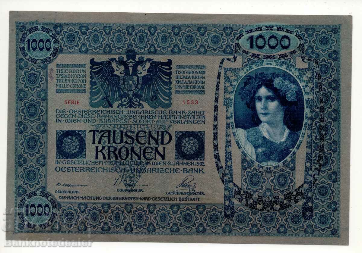 Austria 1000 Korana red Overprint 1902 1919 Pick 61 Ref 8730