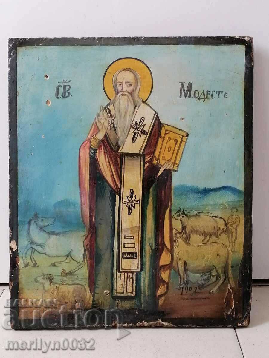 Рисувана икона Свети Модест 1902 г ОРИГИНАЛ кръст картина