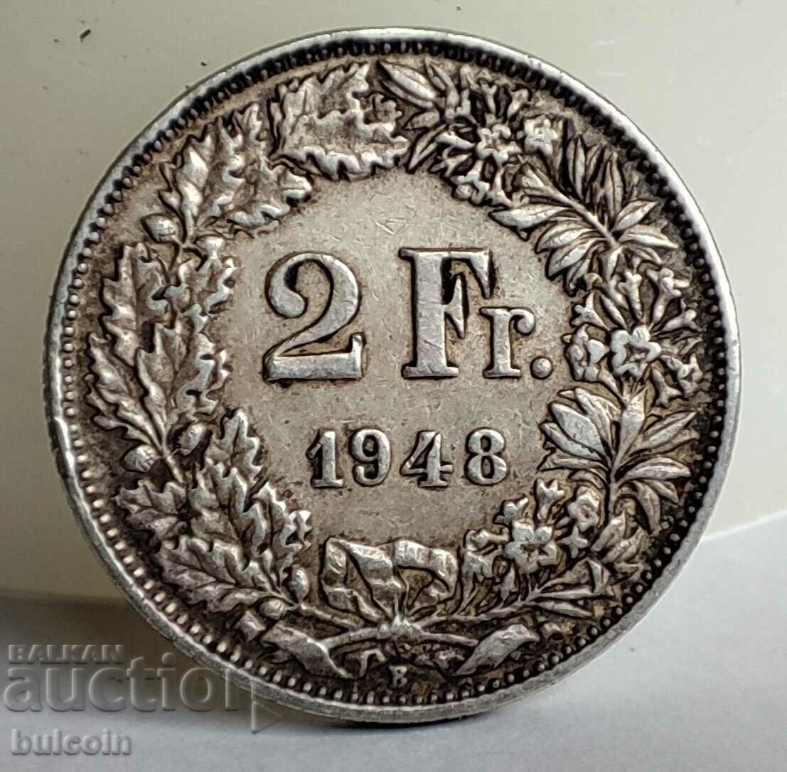 SWITZERLAND 2 FRANC SILVER COIN 1948