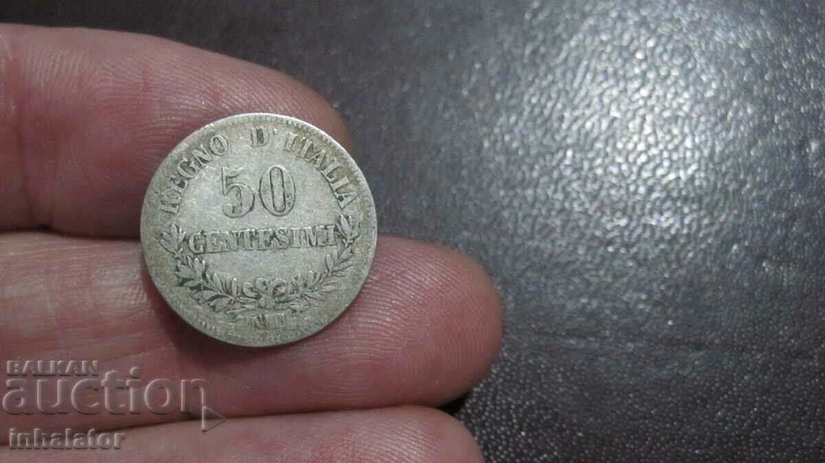 1863 год 50 чентезими Италия сребро НЕАПОЛ буква N