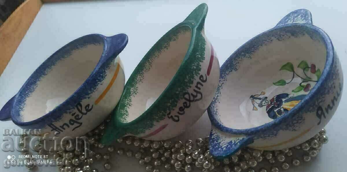 Auction Painted bowls with names, handles signed ceramics Auction Painted bowls with names, handles signed ceramics