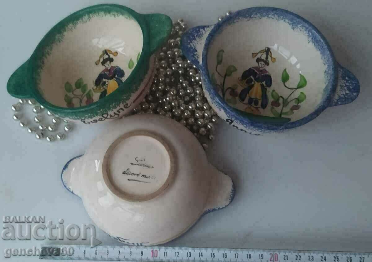 Painted bowls with names, handles signed ceramics
