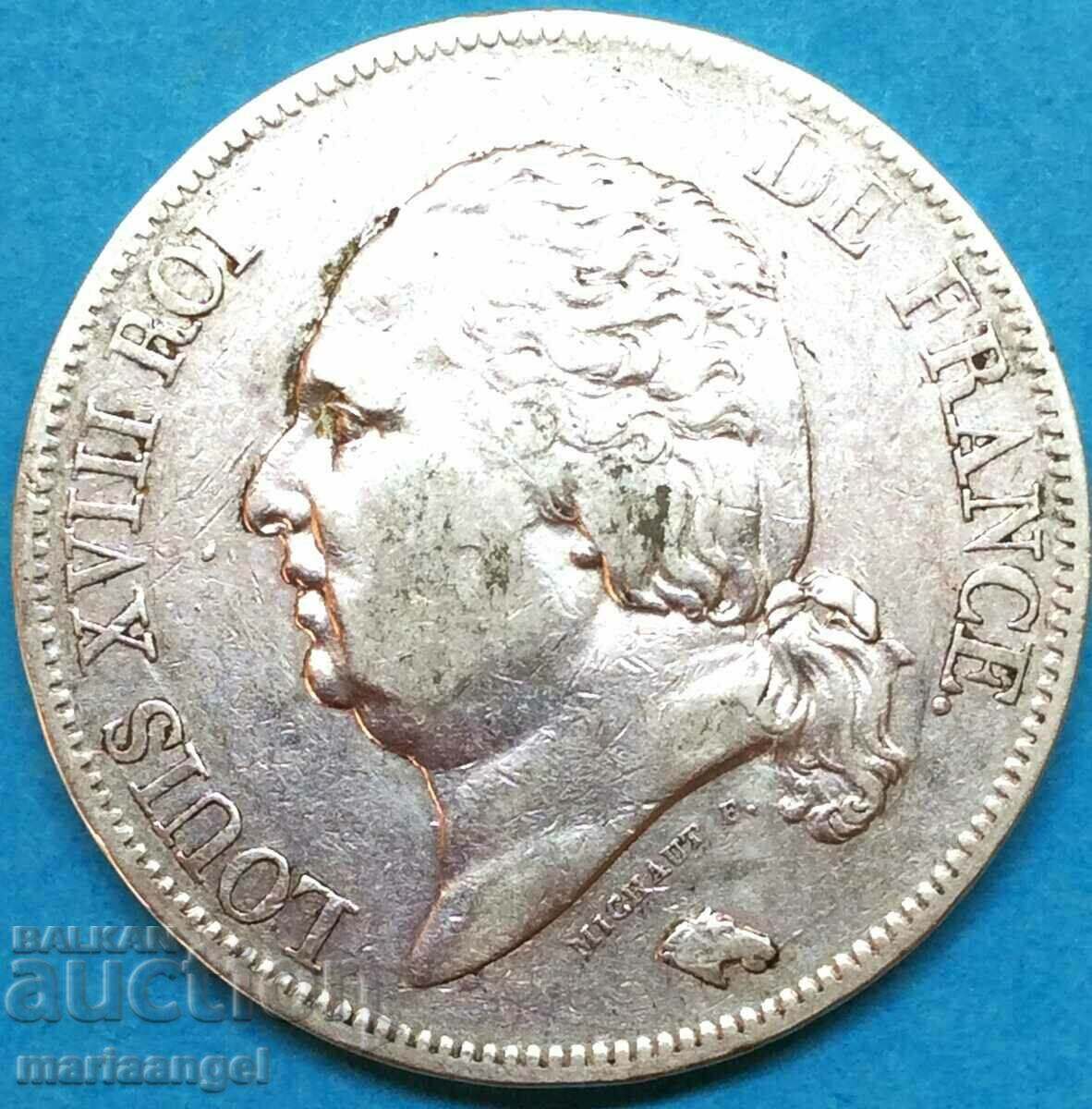5 франка 1819 Франция В - Roen Луи XVIII сребро