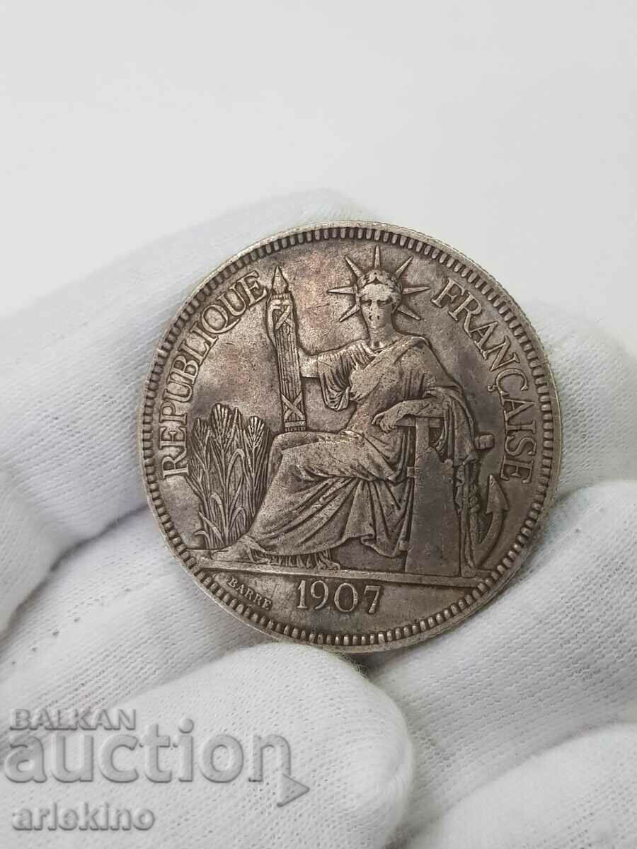 Рядка сребърна монета Индо-Китай-Франция 1907 г.