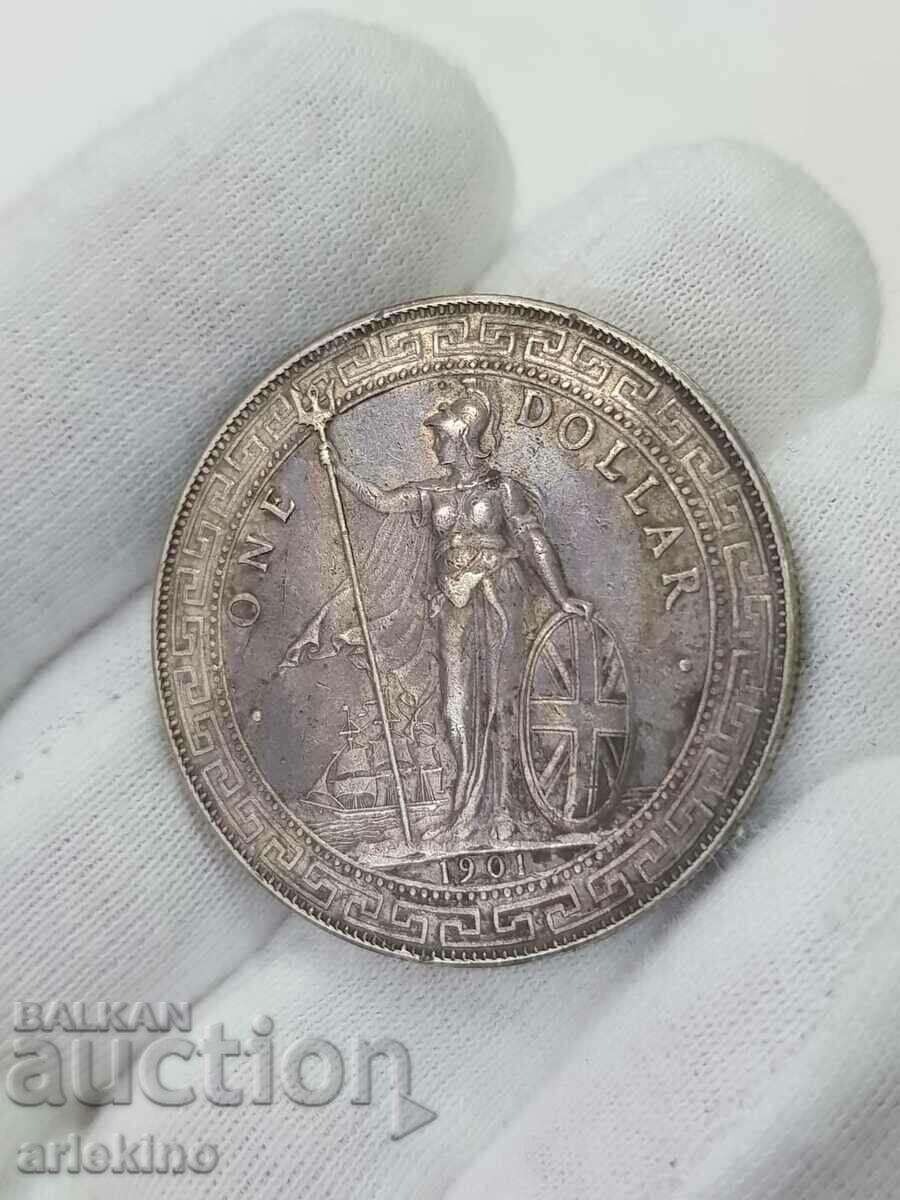 Monedă rară britanică de argint de 1 dolar 1907 - Hong-Kong