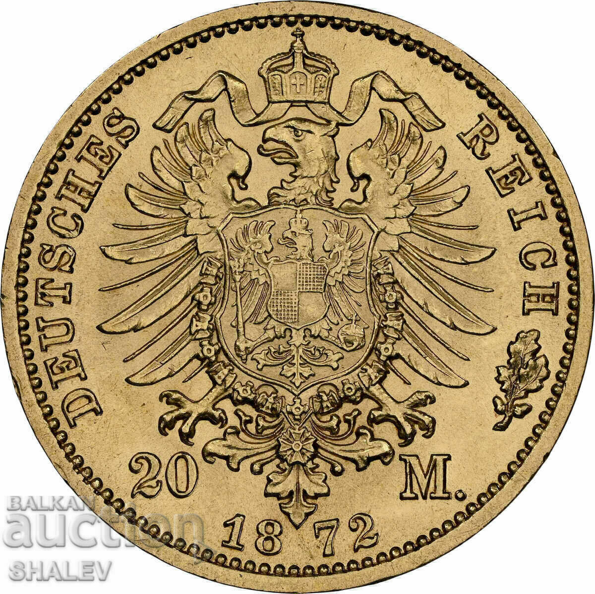 Licitație 20 Mark 1872 C Prusia/Germania - MS61 NGC (aur) Licitație 20 Mark 1872 C Prusia/Germania - MS61 NGC (aur)