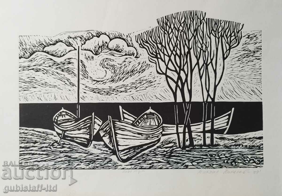Картина, графика, лодки, худ. М.Николов, 1989 г.