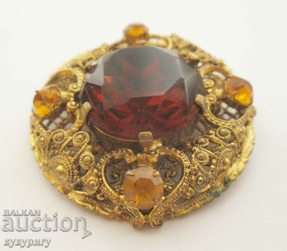 Brosa de dama veche aurita cu ornamente si pietre - 5