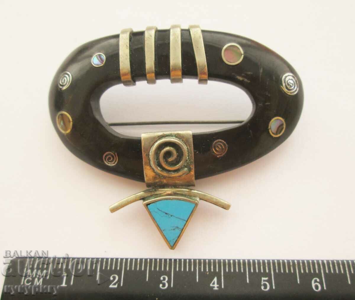 Old artistic handmade turquoise women's brooch - 5 Old artistic handmade turquoise women's brooch - 5