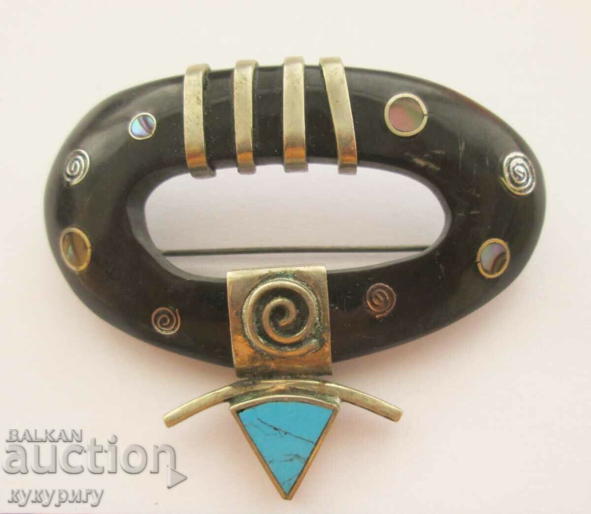 Old artistic handmade turquoise women's brooch - 7 Old artistic handmade turquoise women's brooch - 7