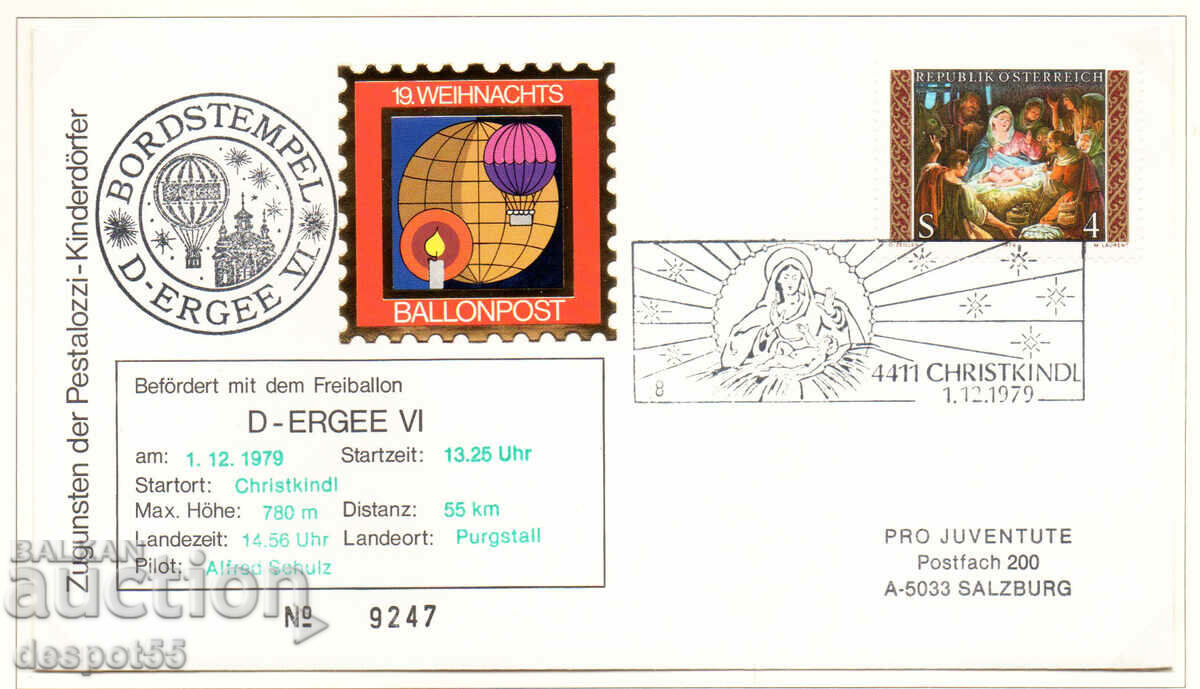 1979. Austria. Crăciun - Poșta cu balon. Plic „Prima zi”.