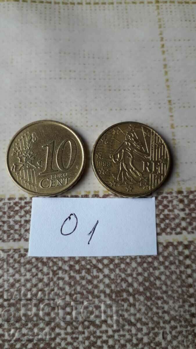 FRANCE 10 euro cents 1999.