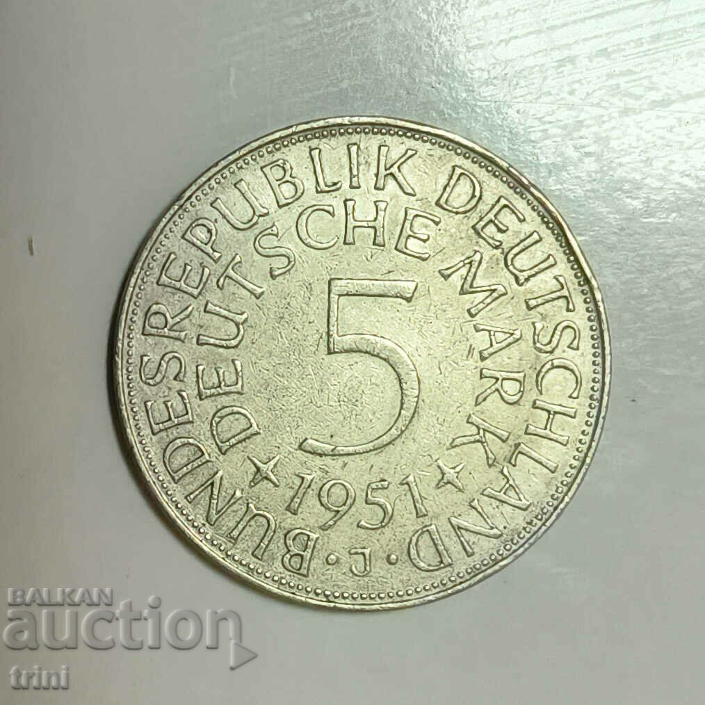 Германия 5 марки 1951 година "J" Хамбург  е238