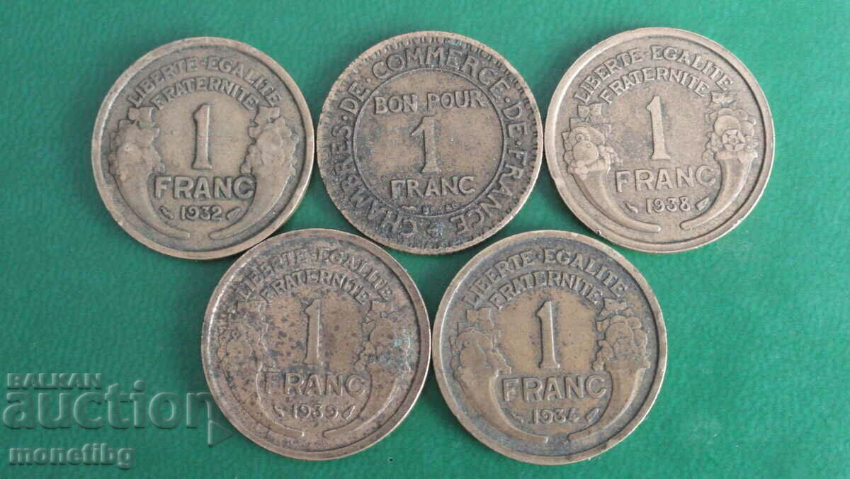 France 1923-1939 - 1 franc (5 pieces) with price 6.30 BGN | € 3.22