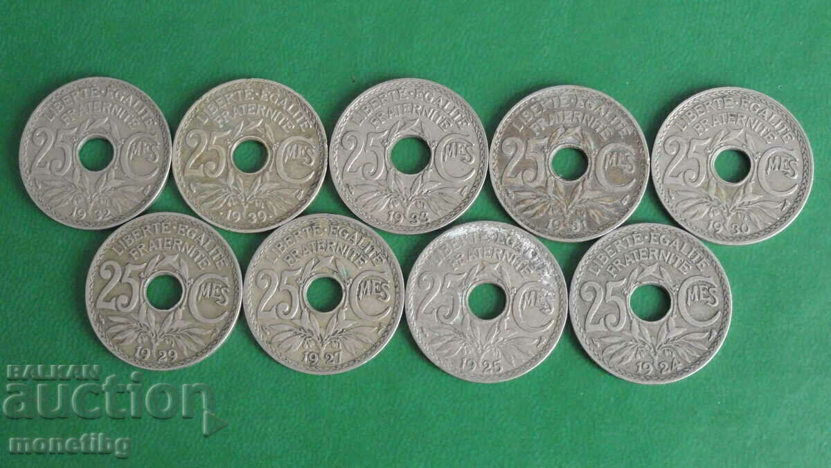 France 1924-1939 - 25 centimes (9 pieces)