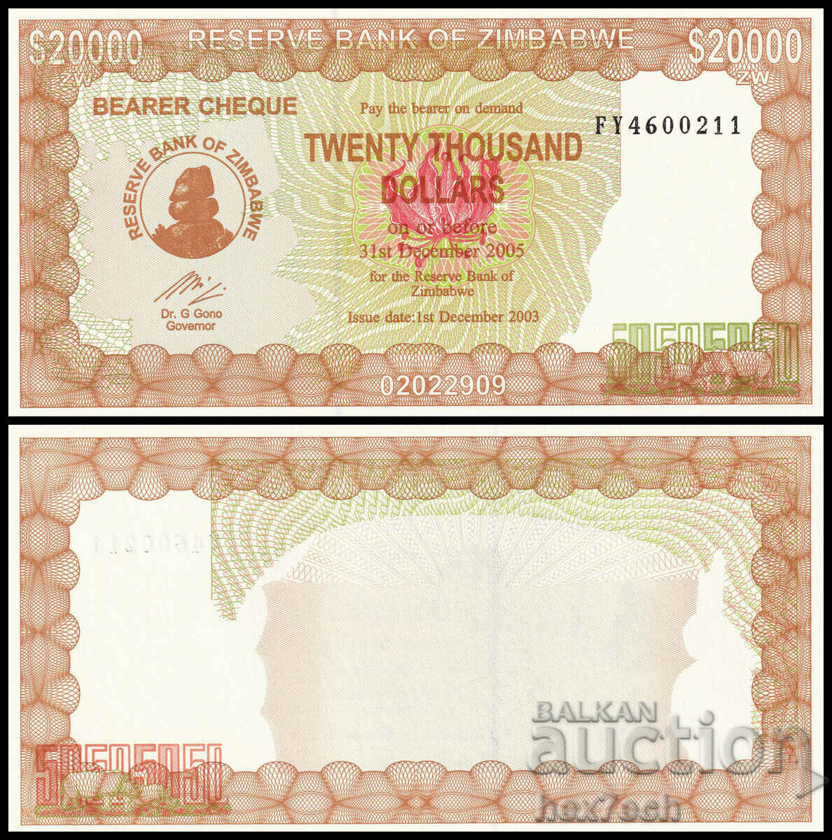❤️ ⭐ Zimbabwe 2003 20000 USD UNC nou ⭐ ❤️