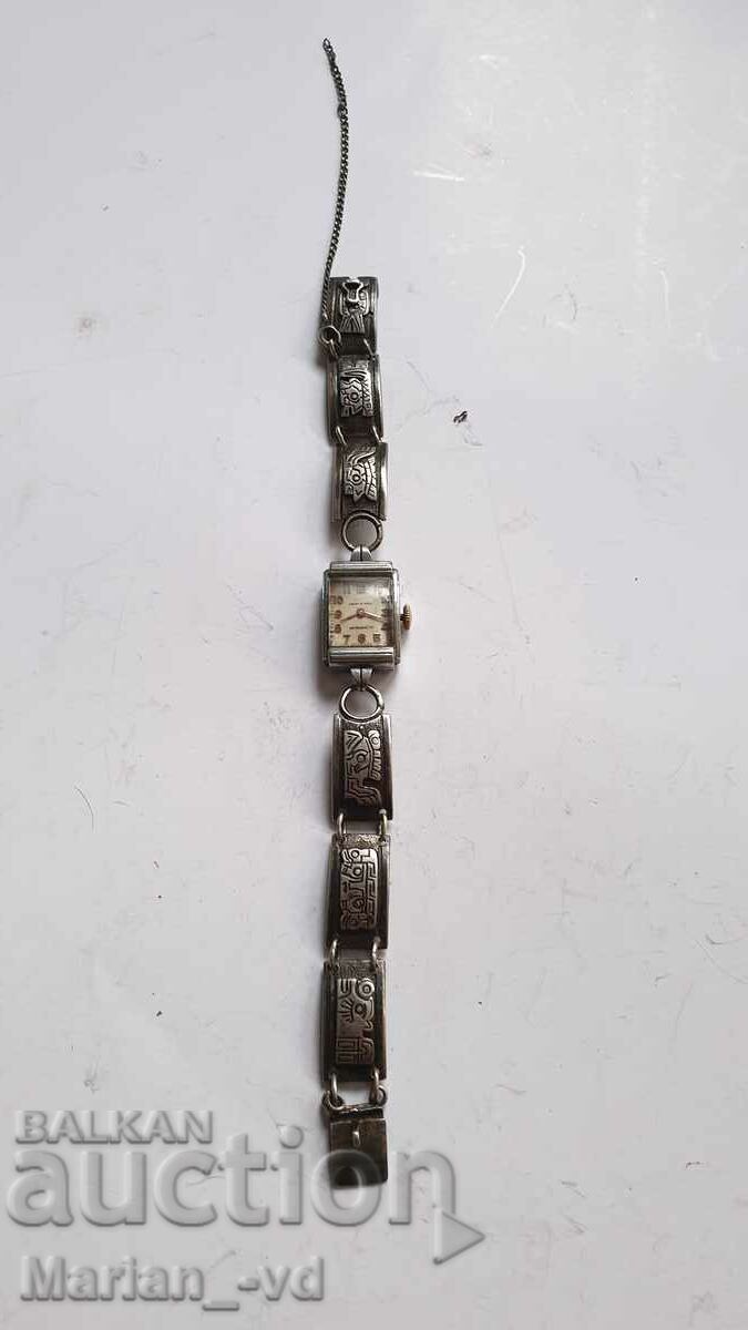 Дамски механичен  стар часовник Ancre със сребърна верижка