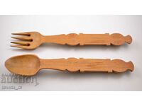 Hand carved wooden spoon and fork, kitchen decor