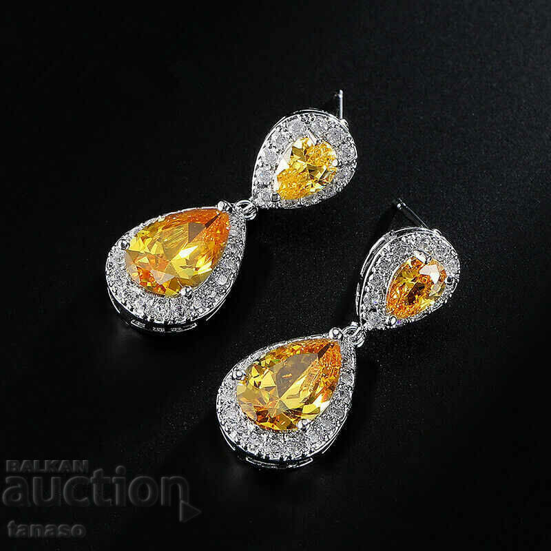 Earrings with citrine and zircons, drops, silver plated