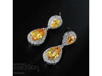 Earrings with citrine and zircons, drops, silver plated