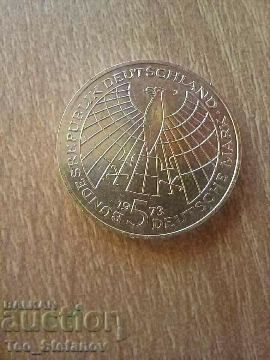 5 марки 1973 сребро Германия Коперник