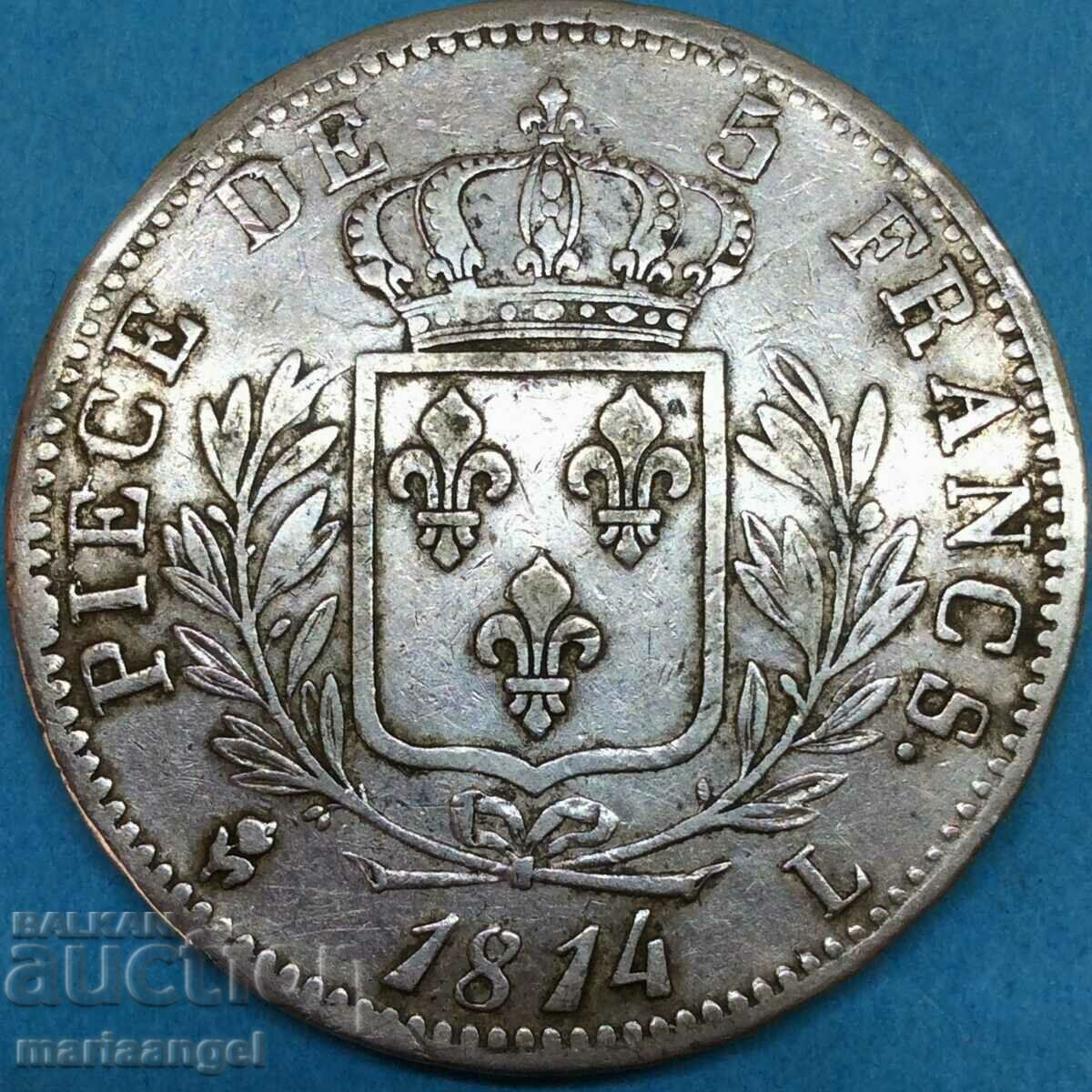 5 Φράγκα 1814 Γαλλία Λουδοβίκος XVIII Ασημένιο