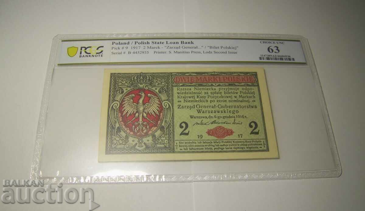 Полша 2 марки 1917 MS63 PCGS Банкнота