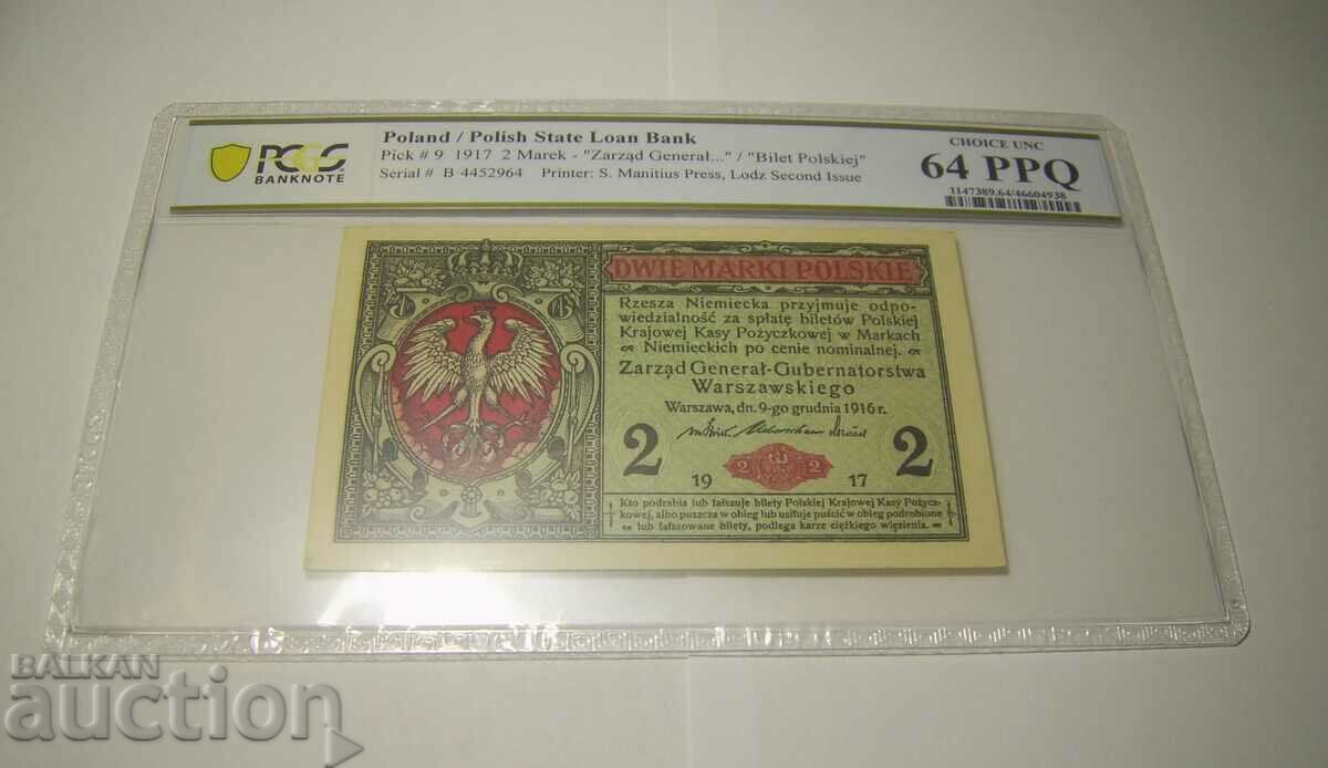 Полша 2 марки 1917 MS64 PCGS Банкнота