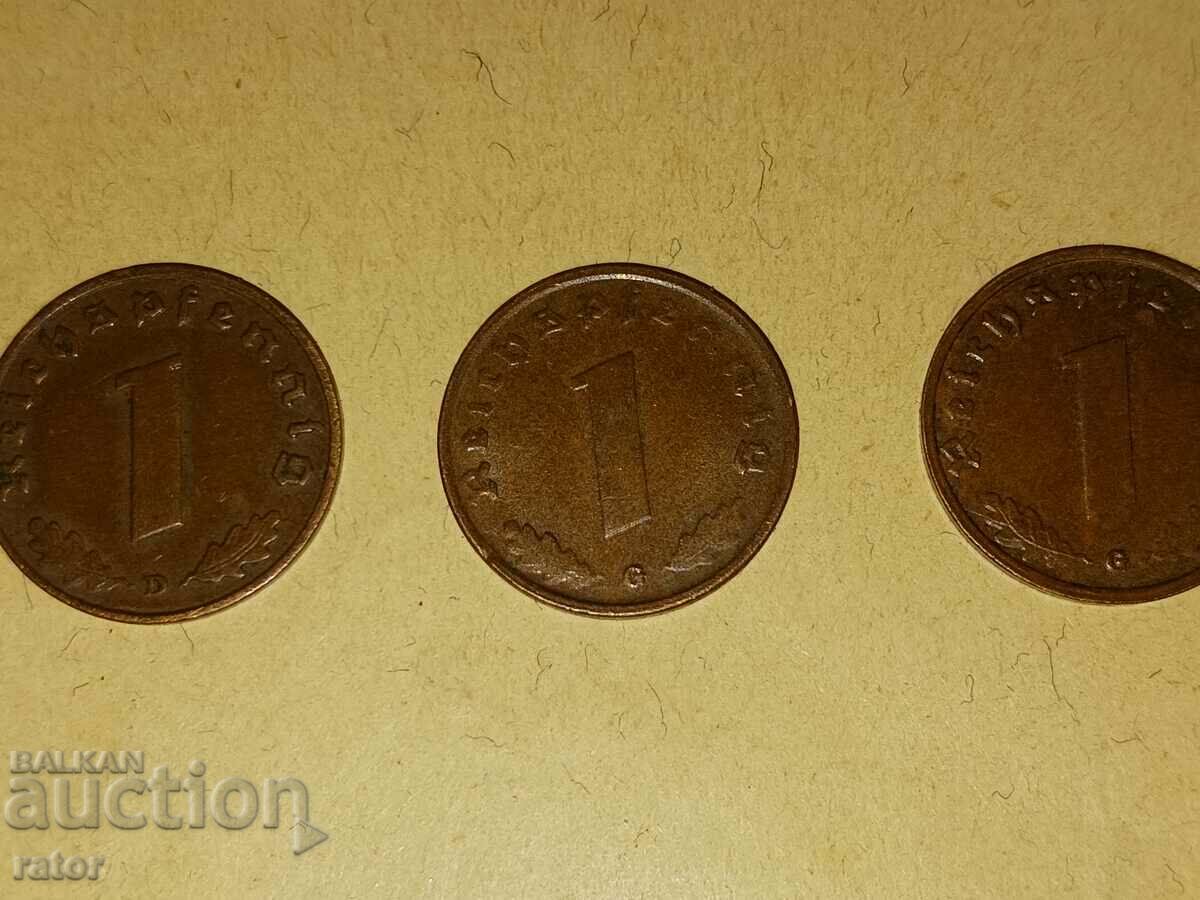 1 pfennig 1937, 1938 and 1939. Germany, Third Reich - 3 pcs - 6 1 pfennig 1937, 1938 and 1939. Germany, Third Reich - 3 pcs - 6