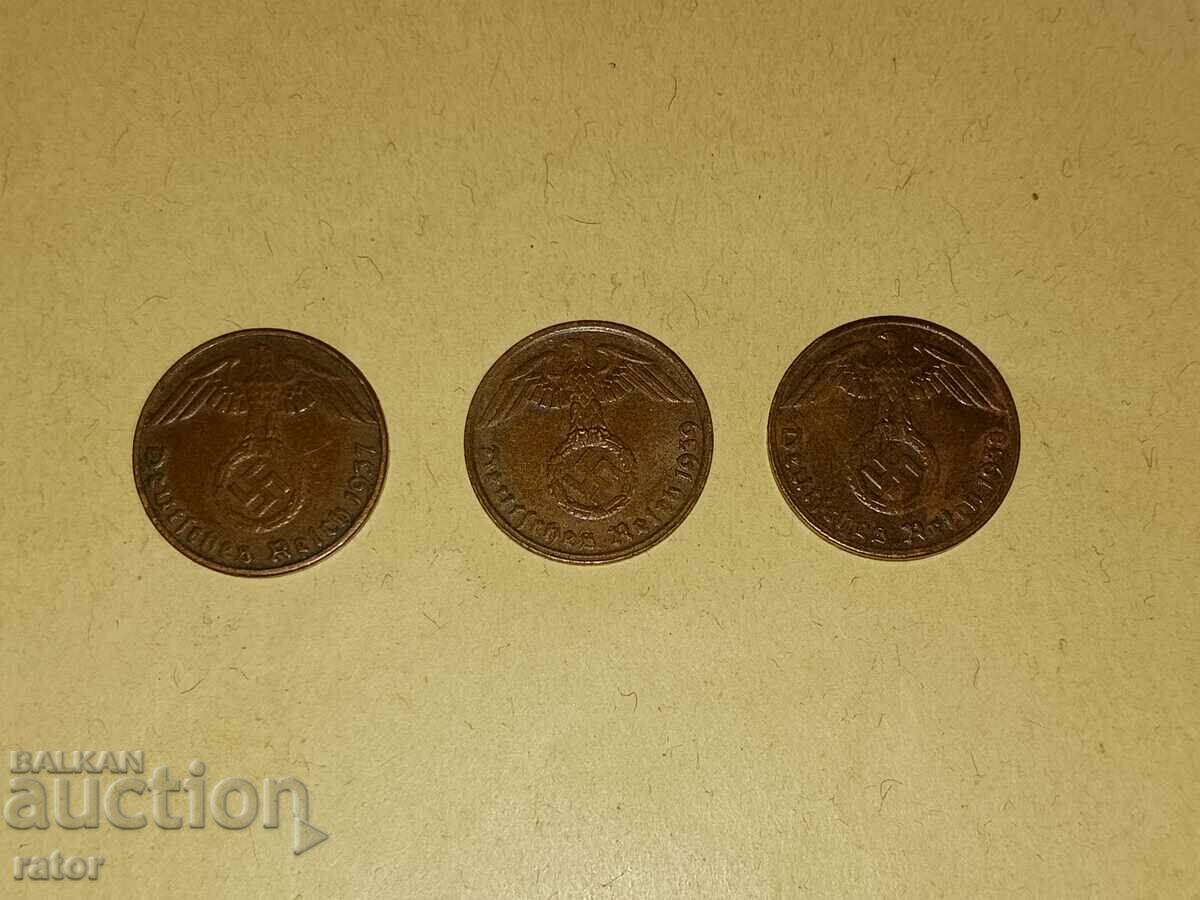 1 pfennig 1937, 1938 and 1939. Germany, Third Reich - 3 pcs