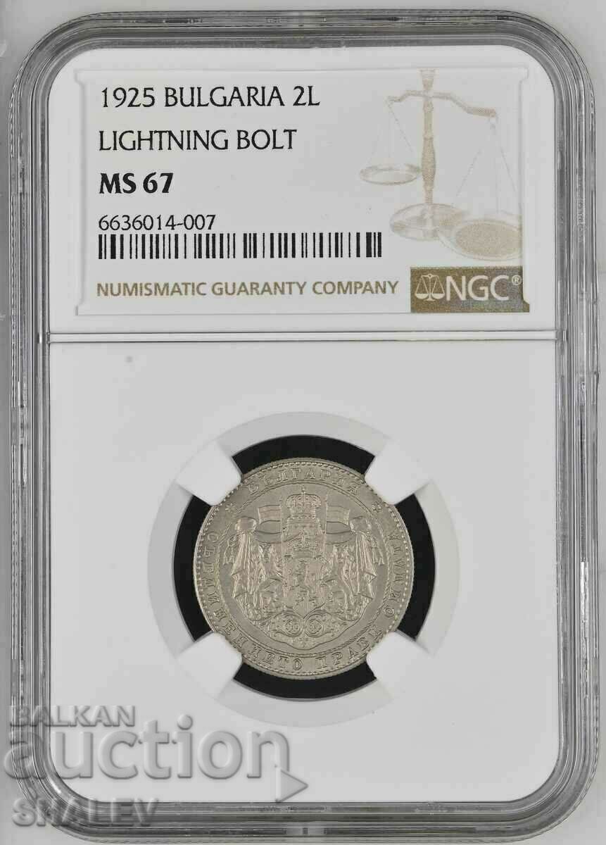 2 BGN 1925 (cu linie) Regatul Bulgariei - MS67 de NGC. 2 BGN 1925 (cu linie) Regatul Bulgariei - MS67 de NGC.