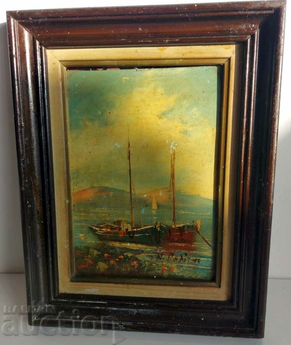 1941 OLD OIL PAINTING SEA BOAT MARINISM SIGNED