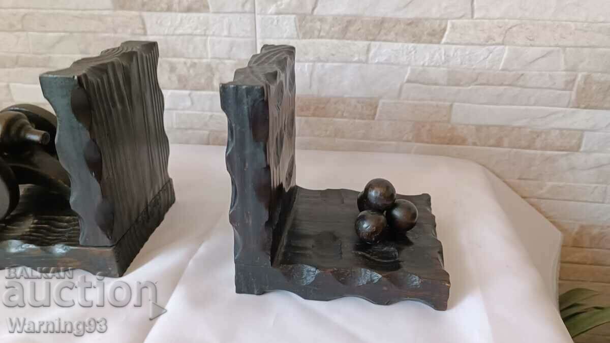 Auction Old wooden bookends - military theme Auction Old wooden bookends - military theme