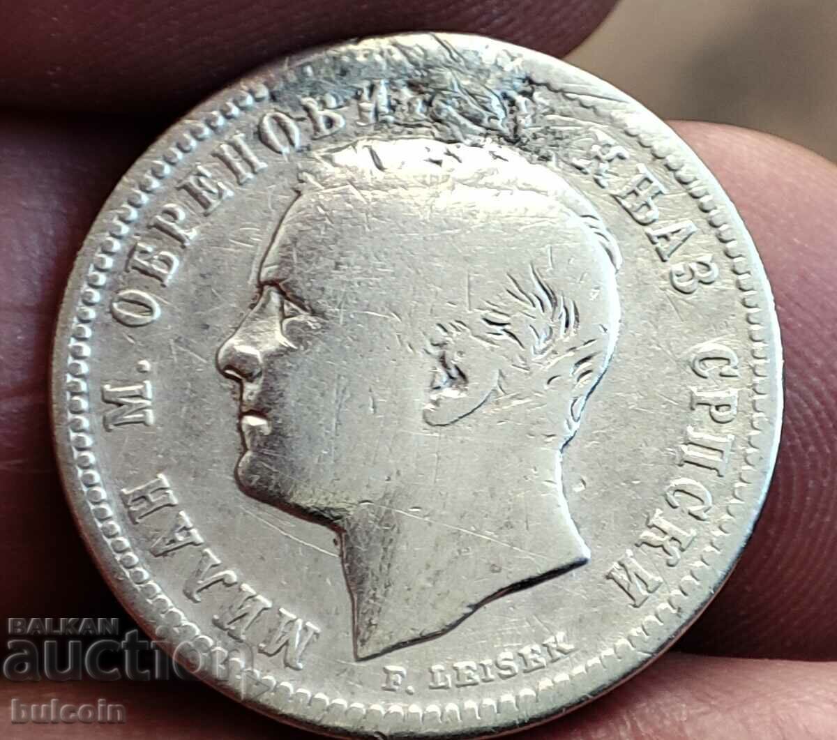 SERBIA RARE SILVER COIN 1 DINAR 1875/ PRINCE MILAN IV
