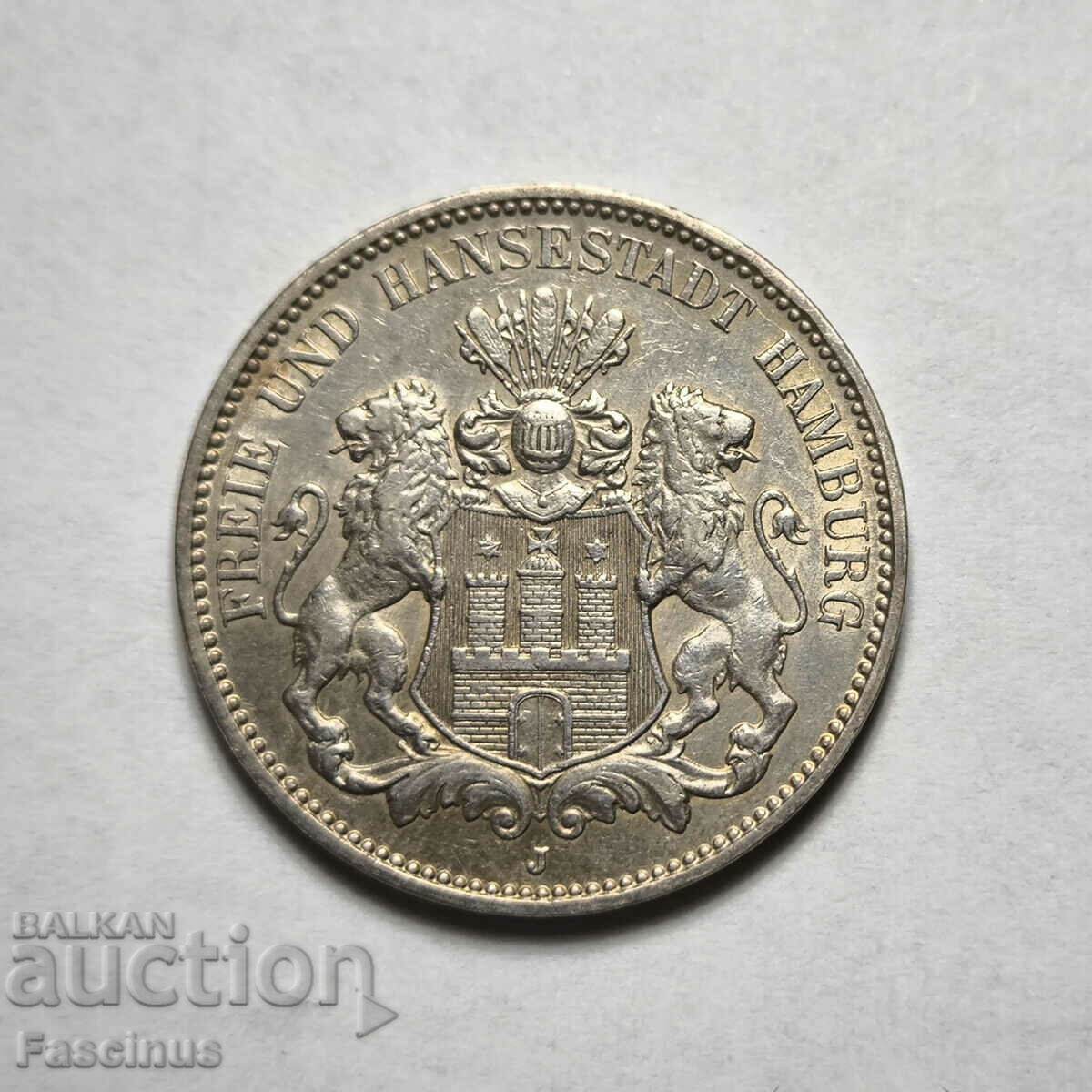 Сребърна монета 3 марки 1909 Хамбург Германия