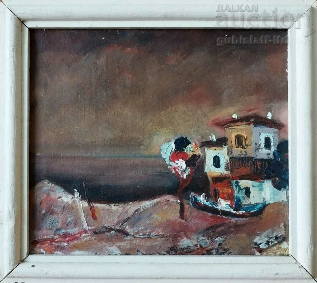 Ζωγραφική, σπίτια, θάλασσα, βάρκα, δεκαετία του 1980.