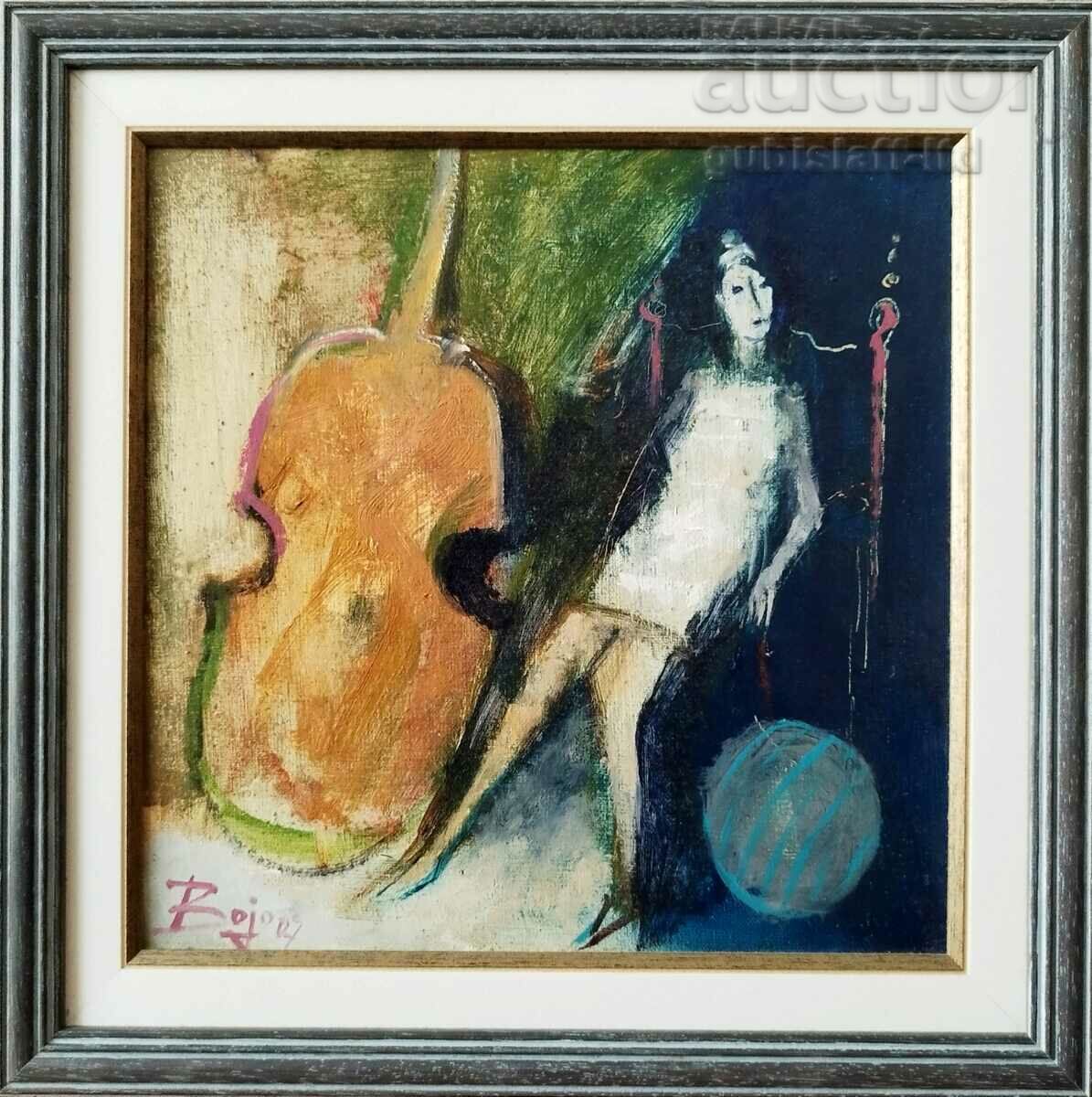 Pictură, „Doamna cu contrabas”, art. Bozhidar Kalachev (1949-2019)