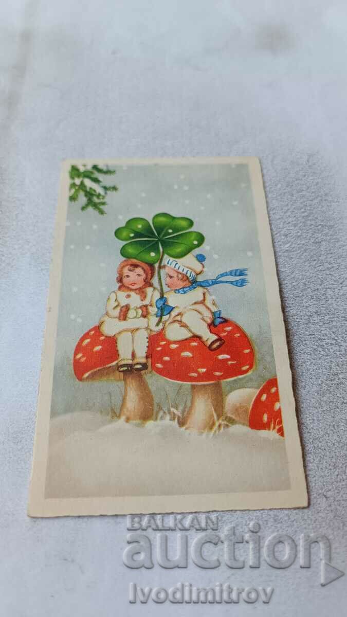 Postcard Boy and girl on mushrooms