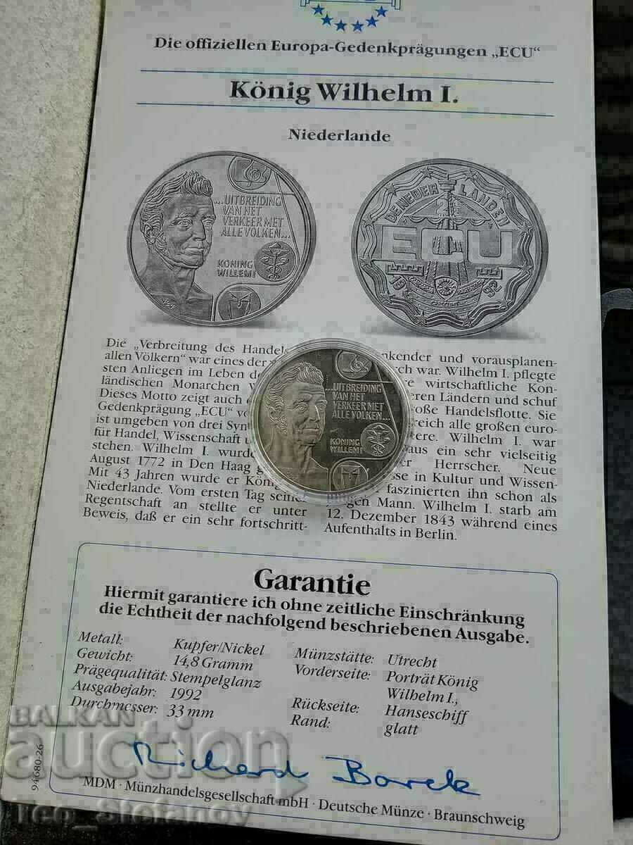 2 1/2 ECU 1992 Netherlands King Willem l Certificate