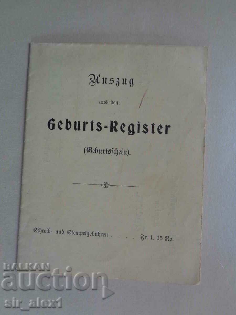 From the birth register /Birth certificate/, Bern 1909.