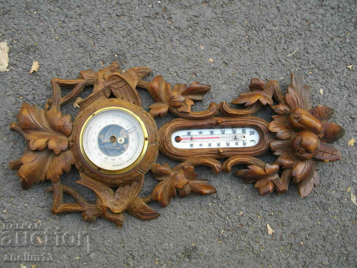 Auction OLD BAROMETER THERMOMETER BLACKWALD WOOD CARVING Auction OLD BAROMETER THERMOMETER BLACKWALD WOOD CARVING