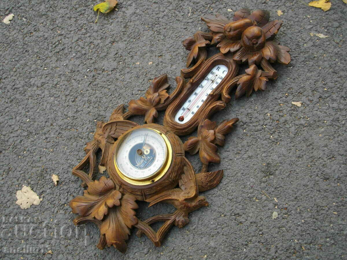 OLD BAROMETER THERMOMETER BLACKWALD WOOD CARVING OLD BAROMETER THERMOMETER BLACKWALD WOOD CARVING