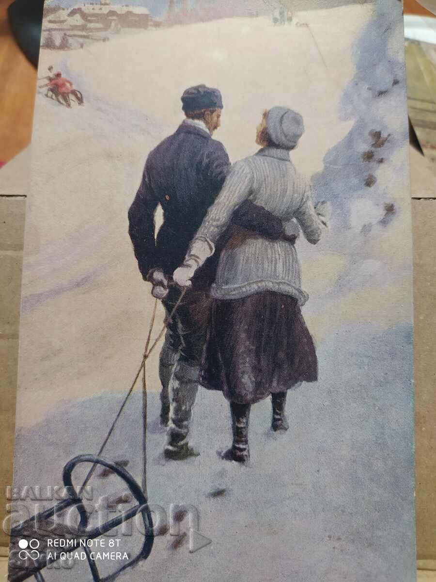 Vintage ζευγάρι με κάρτα έλκηθρου 1918