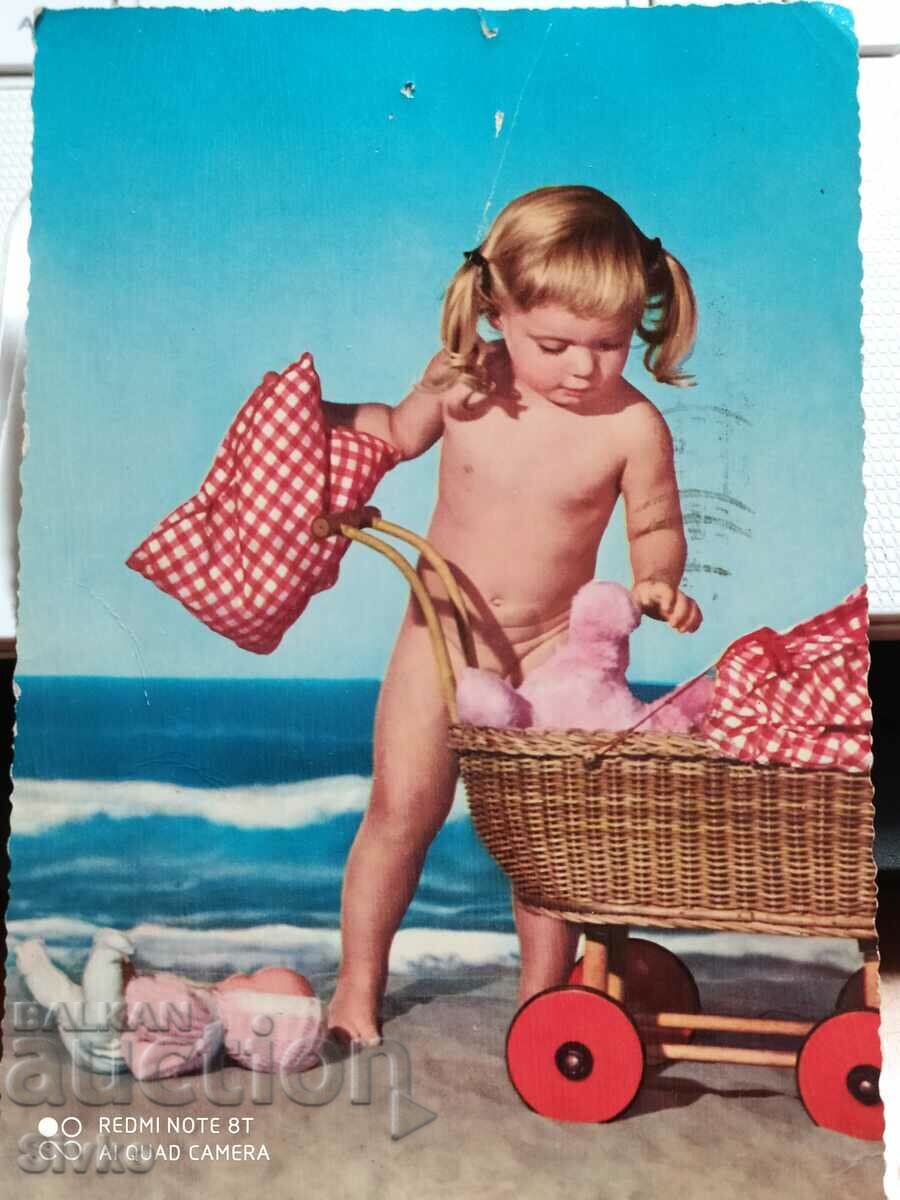 Card vintage tip fată pe plajă timbru Belgia
