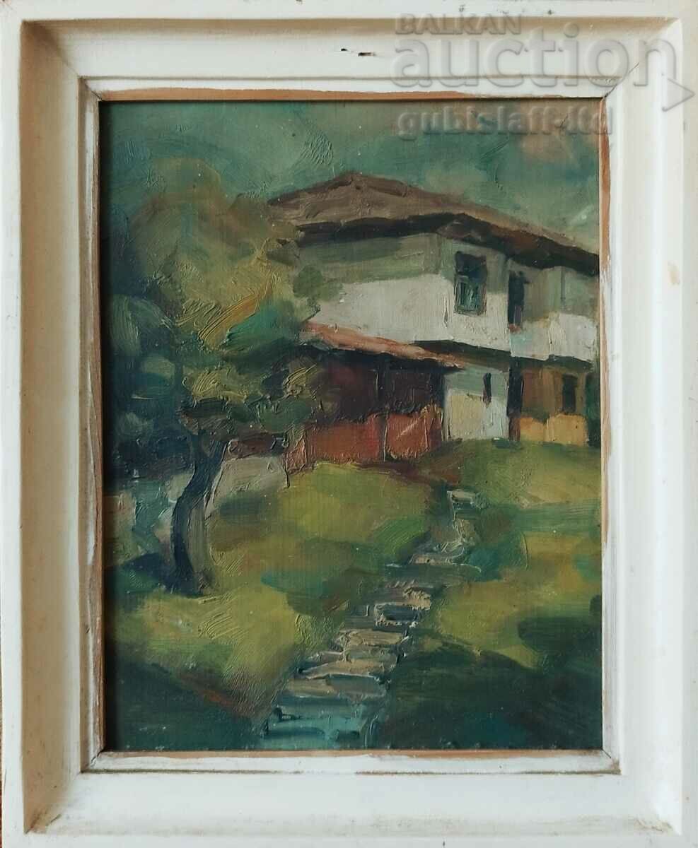 Ζωγραφική, τοπίο με σπίτι, δεκαετία του 1980.