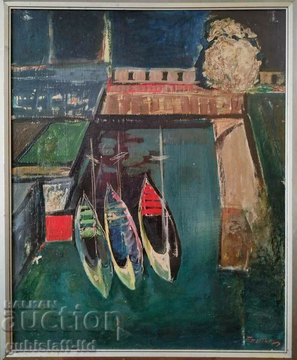 Εικόνα, βάρκες, θάλασσα, λιμάνι, τέχνη. T. Petkov, δεκαετία του 1980