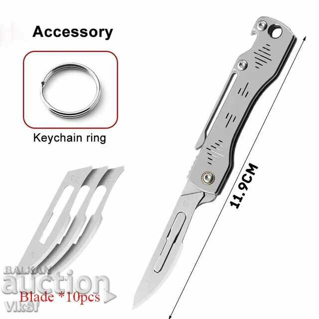 Folding scalpel knife with 10 spare blades