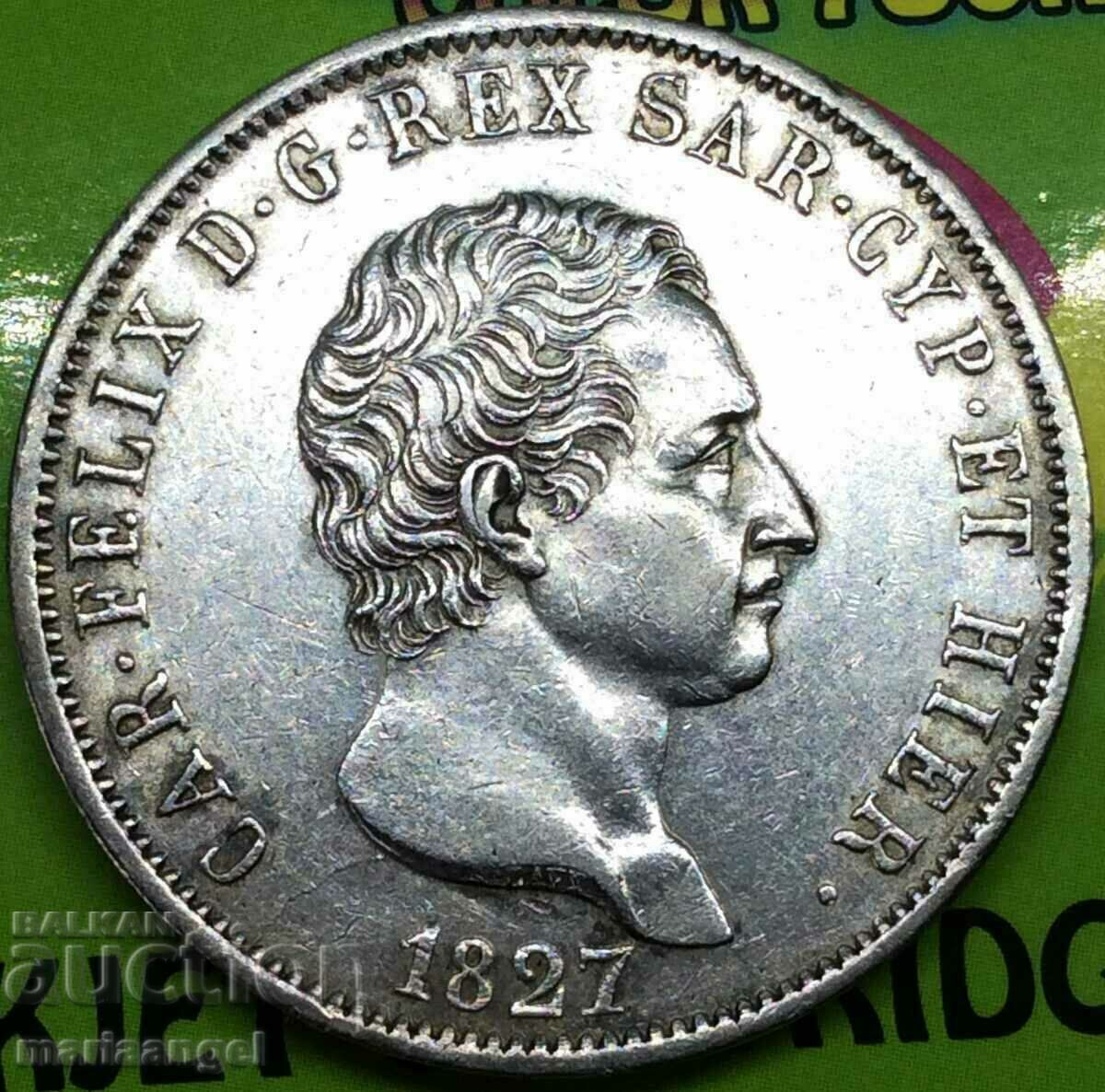 5 lire 1827 Sardinia Italy Carlo Felice 24.99g silver