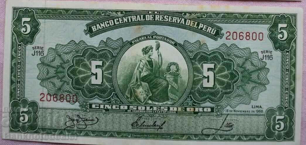 Peru 5 Soles De Oro 1966 Pick 83a Ref 6800 Peru 5 Soles De Oro 1966 Pick 83a Ref 6800