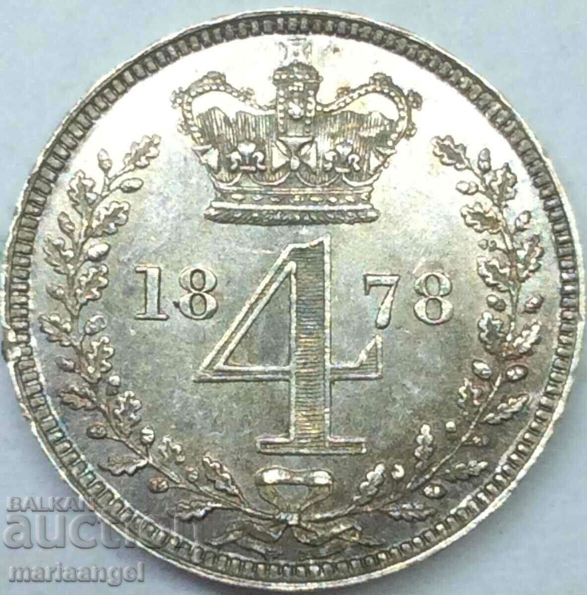 Marea Britanie 4 Pence 1878 Maundy Victoria Silver - RR